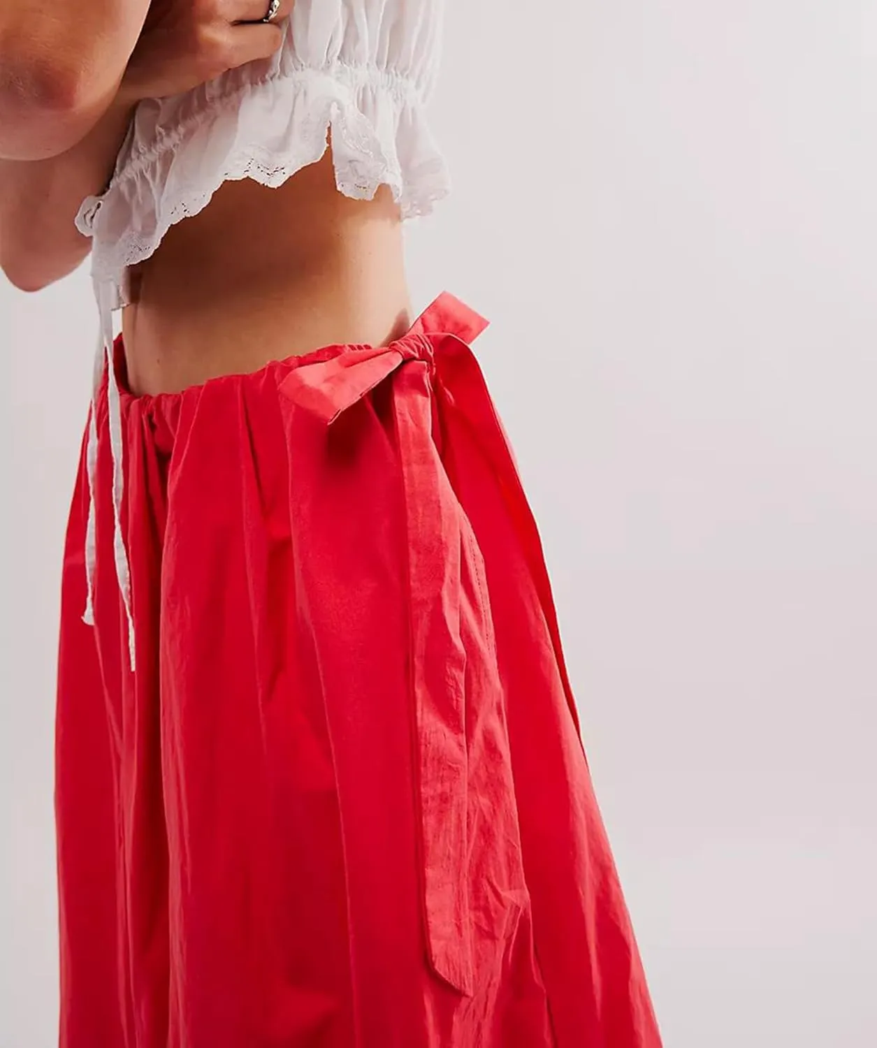 Women Bubble A-Line Maxi Skirt Casual Solid Color Elastic Waist Side Tie Long Skirt Summer Beach Vacation Streetwear