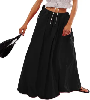 Women Bubble A-Line Maxi Skirt Casual Solid Color Elastic Waist Side Tie Long Skirt Summer Beach Vacation Streetwear