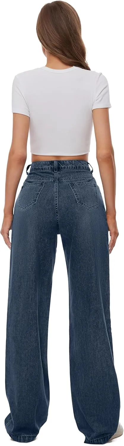 Women Casual High Waist Wide Leg Jeans Boyfriends Stretch Long Trousers Denim Pants