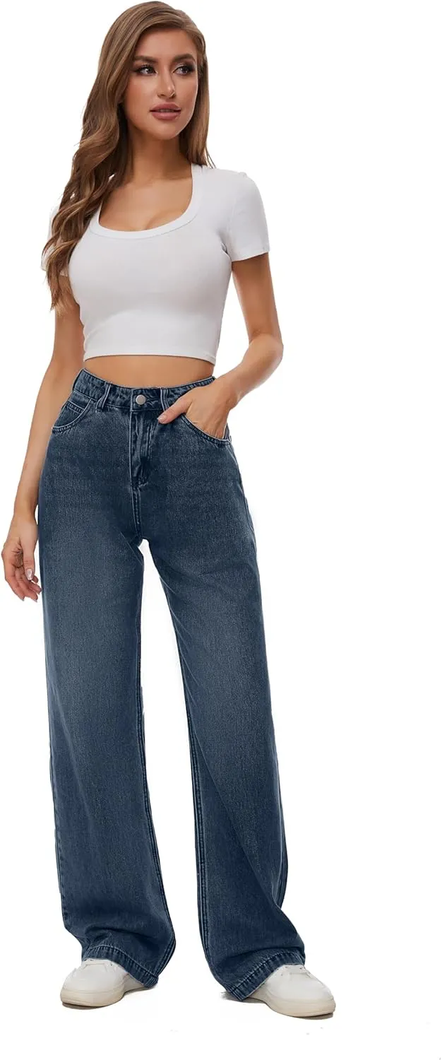 Women Casual High Waist Wide Leg Jeans Boyfriends Stretch Long Trousers Denim Pants