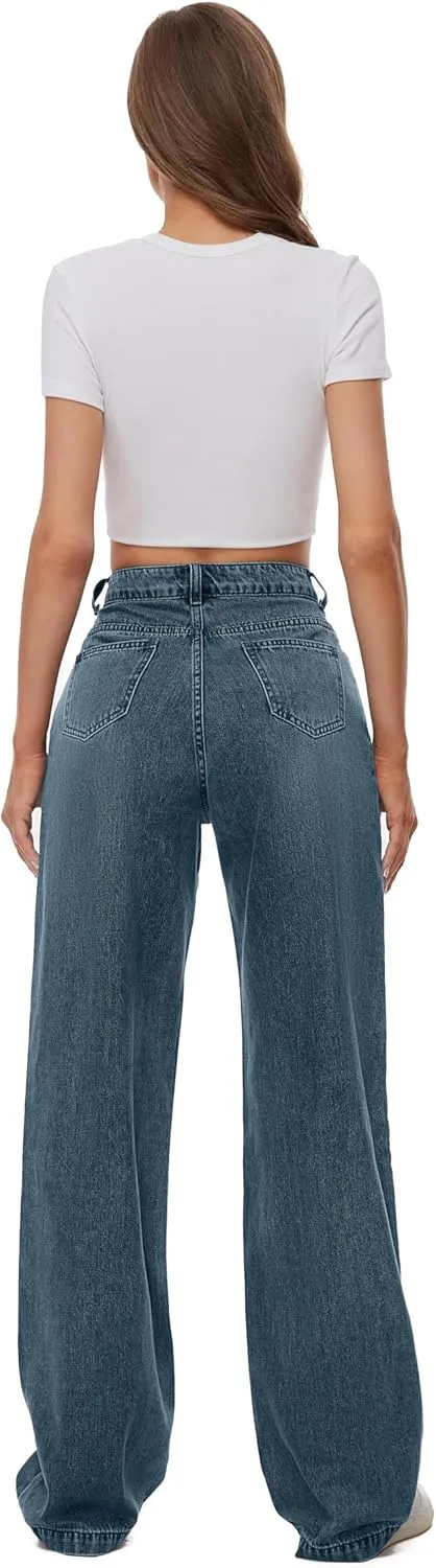 Women Casual High Waist Wide Leg Jeans Boyfriends Stretch Long Trousers Denim Pants