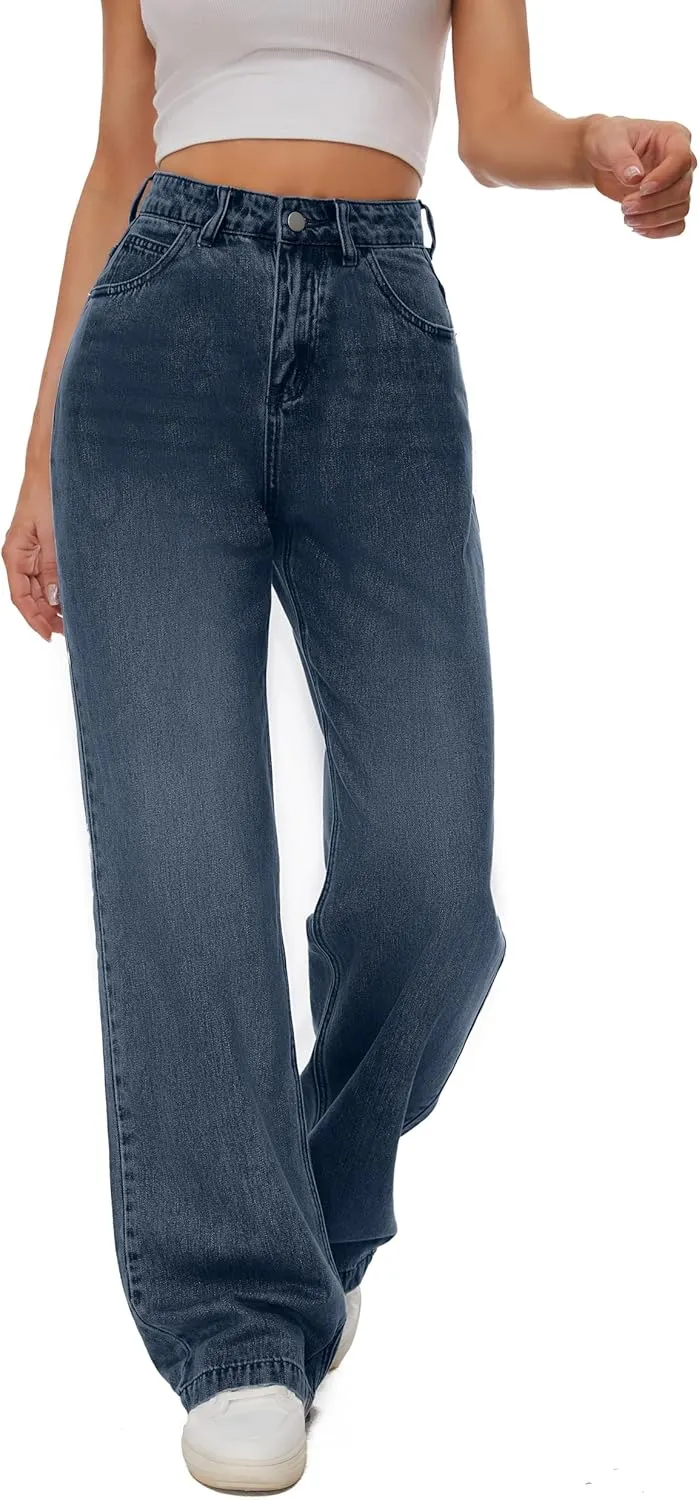 Women Casual High Waist Wide Leg Jeans Boyfriends Stretch Long Trousers Denim Pants