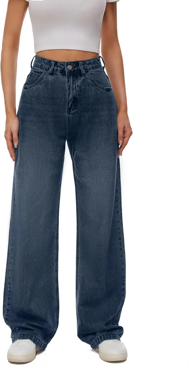 Women Casual High Waist Wide Leg Jeans Boyfriends Stretch Long Trousers Denim Pants