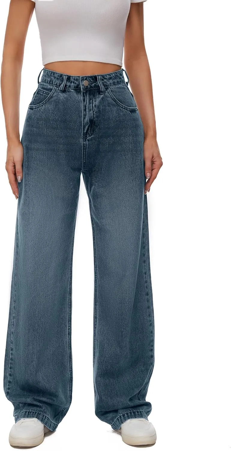 Women Casual High Waist Wide Leg Jeans Boyfriends Stretch Long Trousers Denim Pants