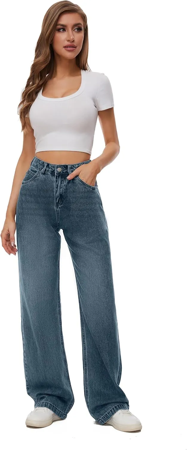 Women Casual High Waist Wide Leg Jeans Boyfriends Stretch Long Trousers Denim Pants