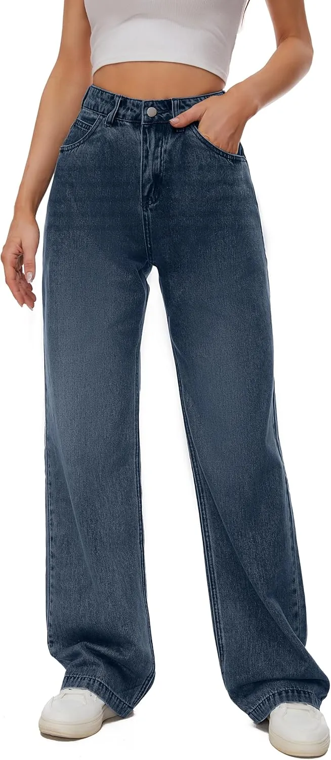 Women Casual High Waist Wide Leg Jeans Boyfriends Stretch Long Trousers Denim Pants