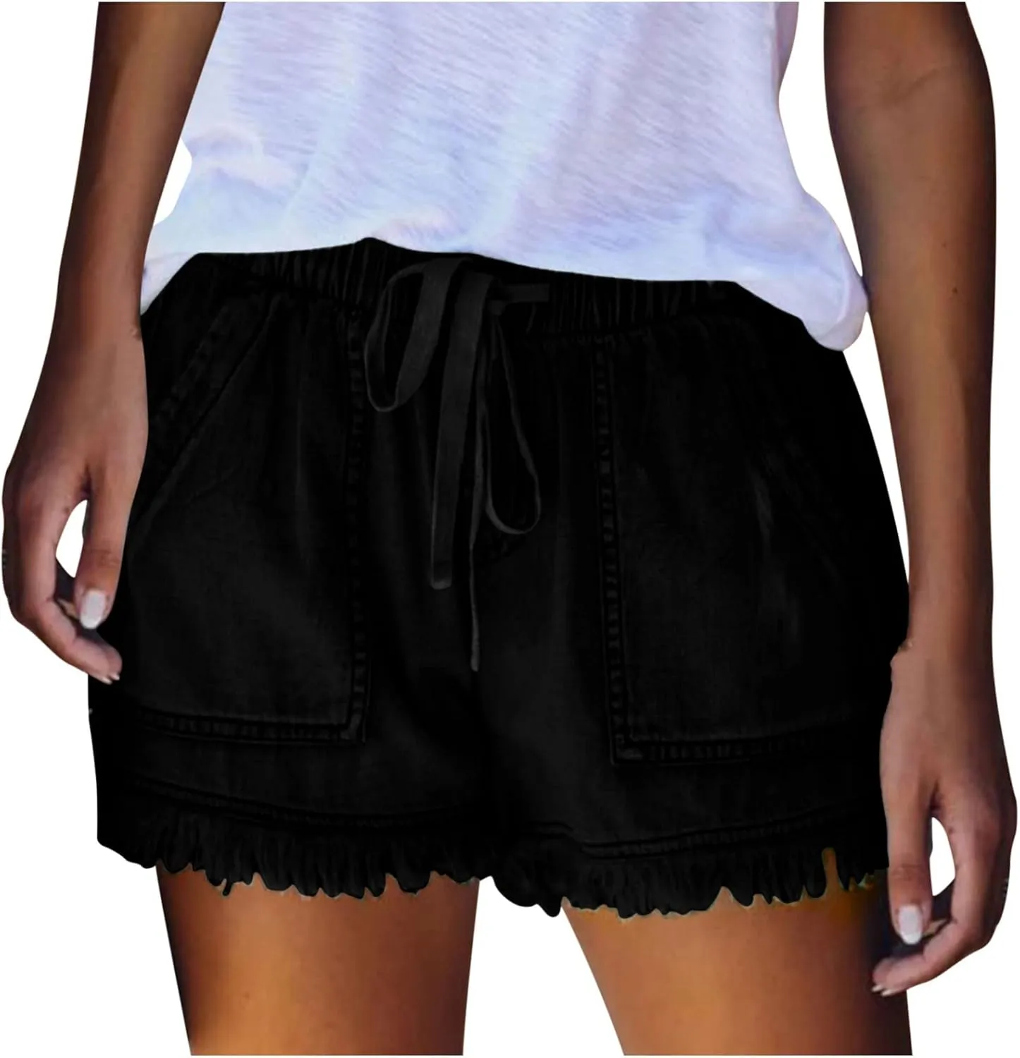 Women Denim Shorts 3 Inch Inseam Casual Summer Elastic High Waisted Jeans Frayed Raw Hem Jean Shorts with Pockets