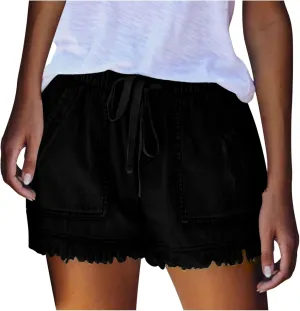 Women Denim Shorts 3 Inch Inseam Casual Summer Elastic High Waisted Jeans Frayed Raw Hem Jean Shorts with Pockets