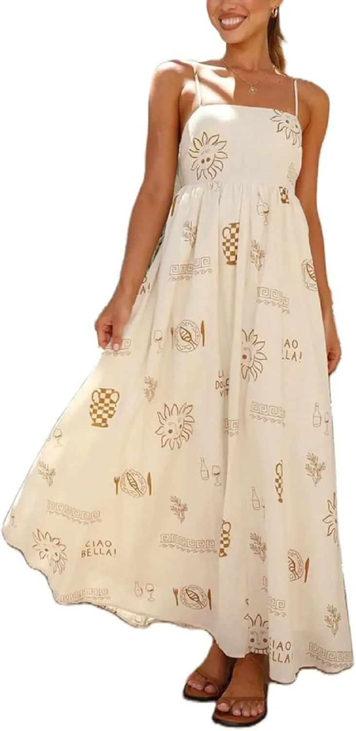 Women Floral Graphic Maxi Dress Square Neck Spaghetti Strap A-line Flowy Sundress Casual Long Beach Dress