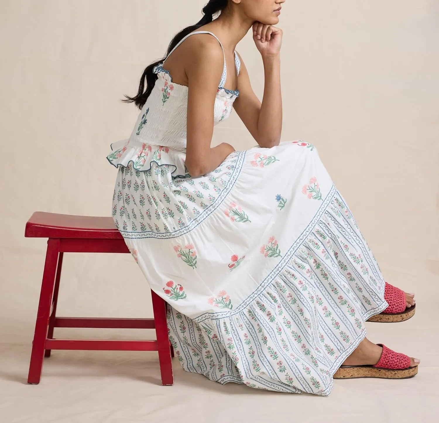 Women Floral Graphic Maxi Dress Square Neck Spaghetti Strap A-line Flowy Sundress Casual Long Beach Dress