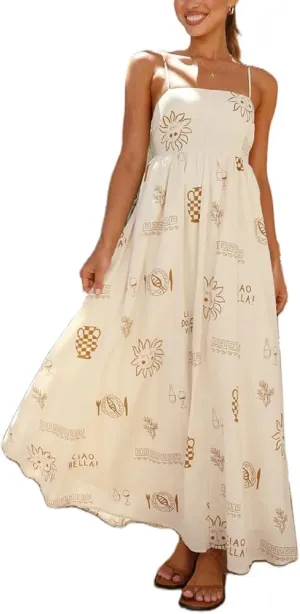 Women Floral Graphic Maxi Dress Square Neck Spaghetti Strap A-line Flowy Sundress Casual Long Beach Dress