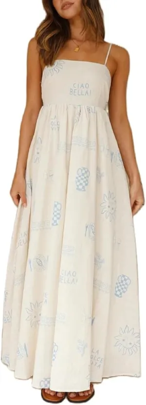 Women Floral Graphic Maxi Dress Square Neck Spaghetti Strap A-line Flowy Sundress Casual Long Beach Dress