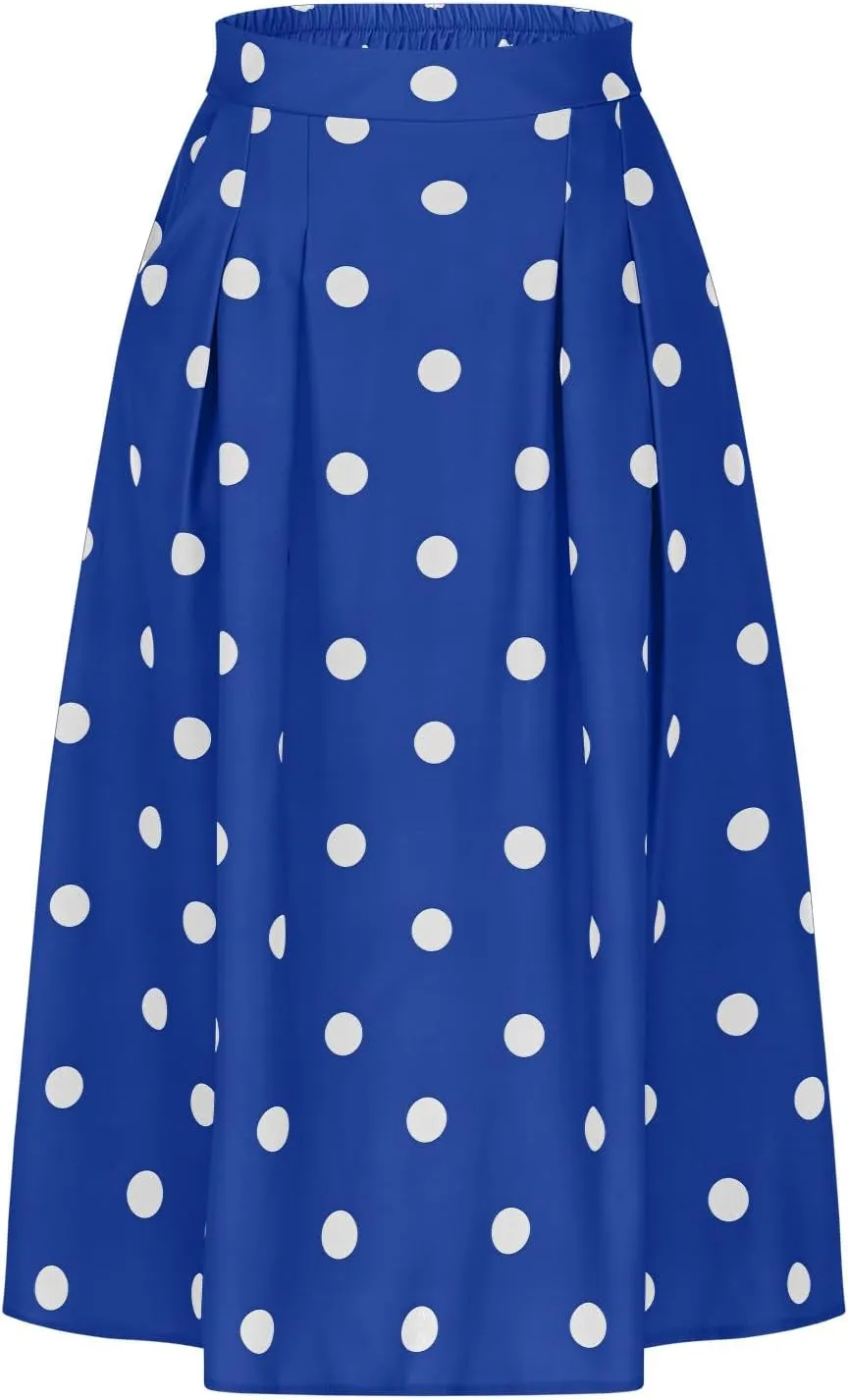 Women High Waist Pleated Midi Skirt 50s Vintage Polka Dot Print A-Line Swing Skirt Business Casual Prom Work Skirts