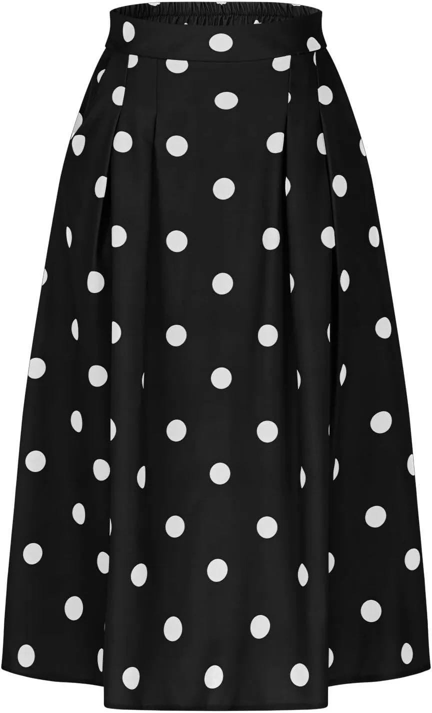 Women High Waist Pleated Midi Skirt 50s Vintage Polka Dot Print A-Line Swing Skirt Business Casual Prom Work Skirts