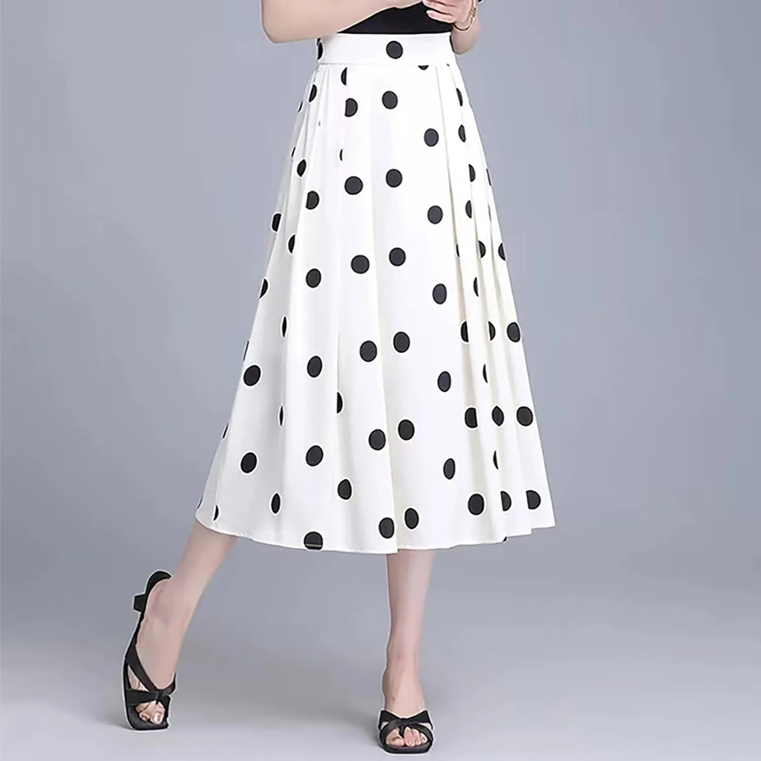 Women High Waist Pleated Midi Skirt 50s Vintage Polka Dot Print A-Line Swing Skirt Business Casual Prom Work Skirts