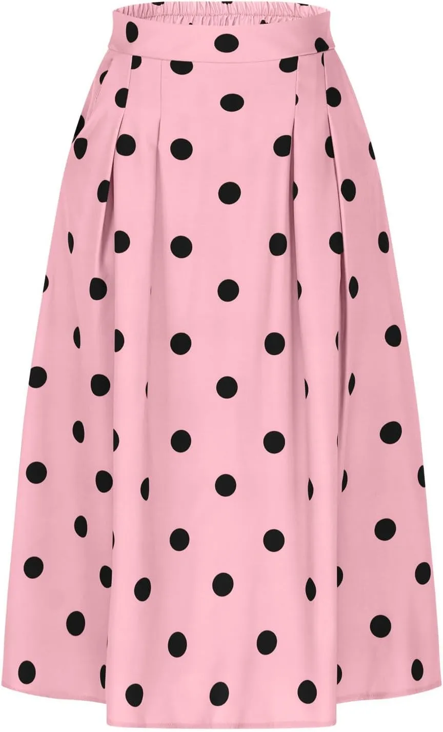 Women High Waist Pleated Midi Skirt 50s Vintage Polka Dot Print A-Line Swing Skirt Business Casual Prom Work Skirts
