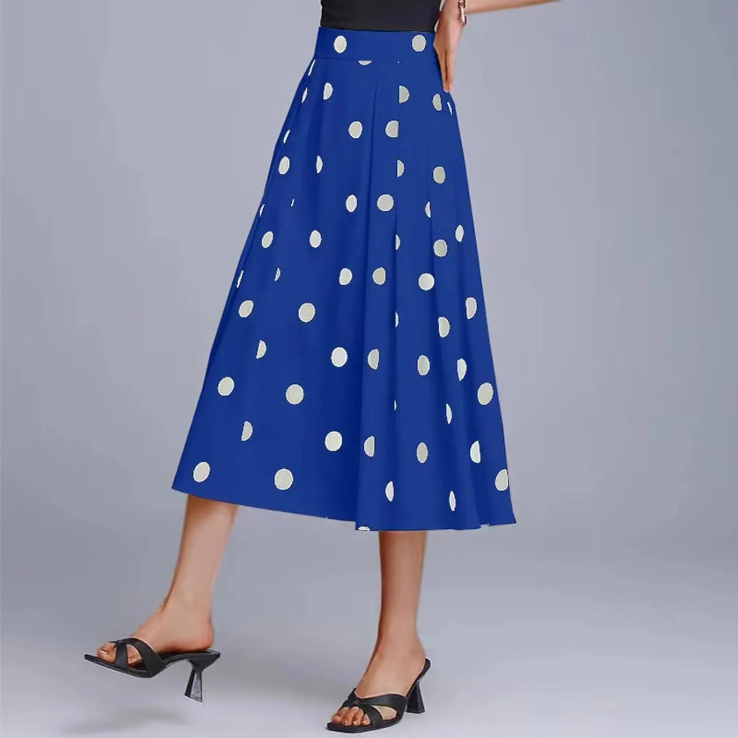 Women High Waist Pleated Midi Skirt 50s Vintage Polka Dot Print A-Line Swing Skirt Business Casual Prom Work Skirts