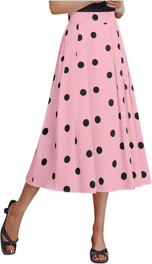 Women High Waist Pleated Midi Skirt 50s Vintage Polka Dot Print A-Line Swing Skirt Business Casual Prom Work Skirts