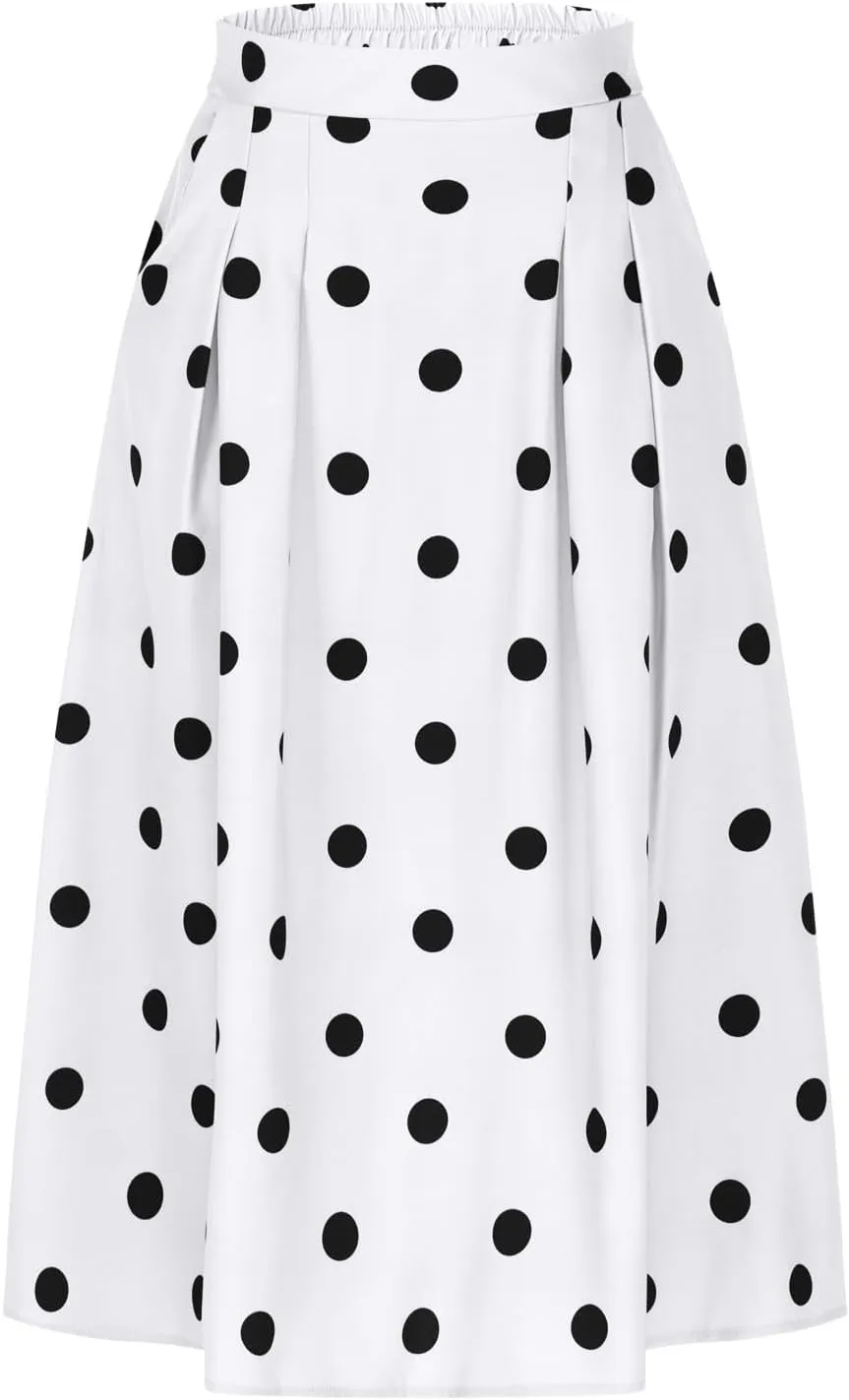 Women High Waist Pleated Midi Skirt 50s Vintage Polka Dot Print A-Line Swing Skirt Business Casual Prom Work Skirts