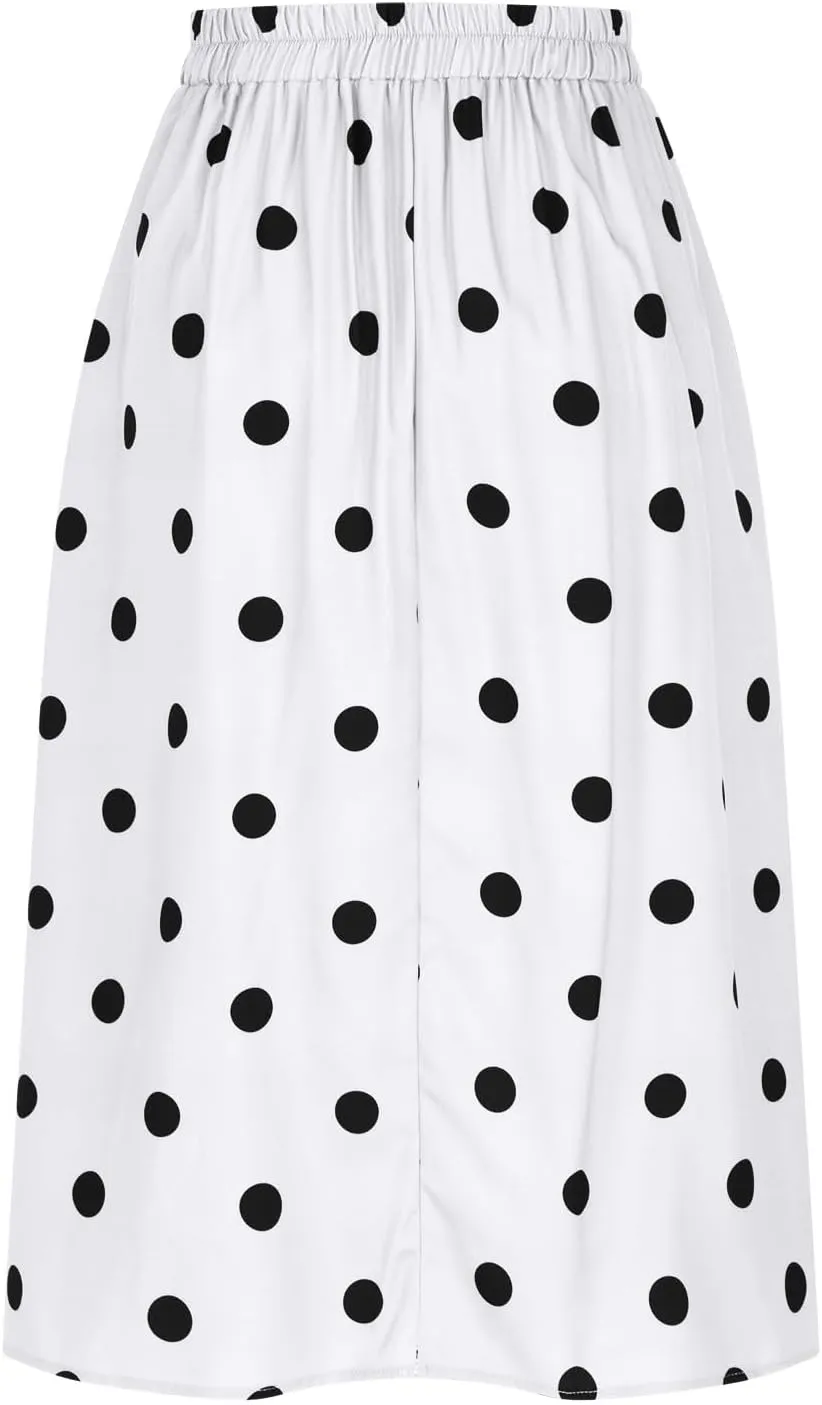 Women High Waist Pleated Midi Skirt 50s Vintage Polka Dot Print A-Line Swing Skirt Business Casual Prom Work Skirts