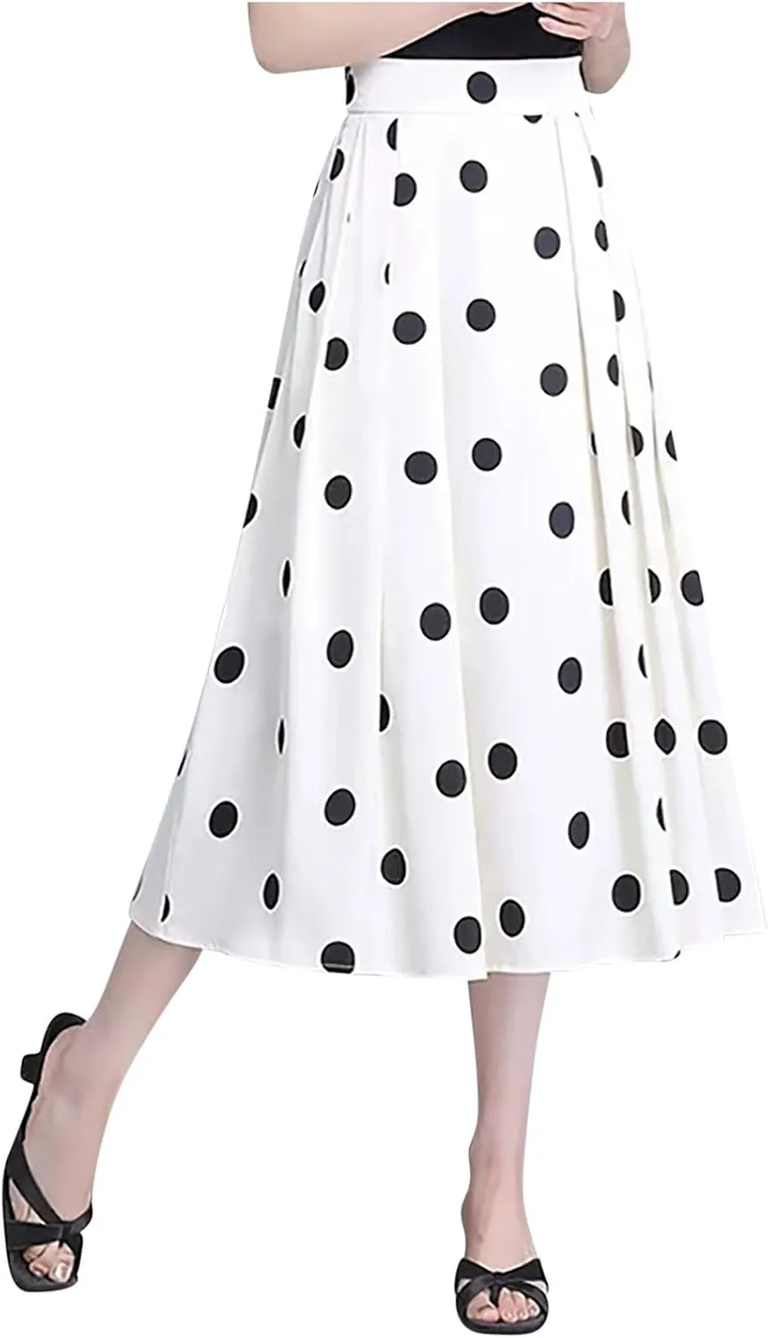 Women High Waist Pleated Midi Skirt 50s Vintage Polka Dot Print A-Line Swing Skirt Business Casual Prom Work Skirts
