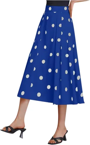 Women High Waist Pleated Midi Skirt 50s Vintage Polka Dot Print A-Line Swing Skirt Business Casual Prom Work Skirts