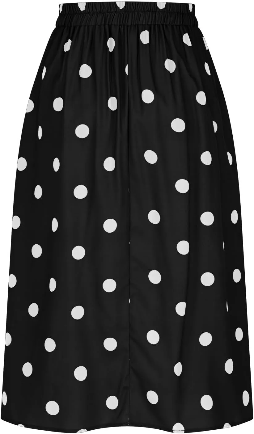 Women High Waist Pleated Midi Skirt 50s Vintage Polka Dot Print A-Line Swing Skirt Business Casual Prom Work Skirts
