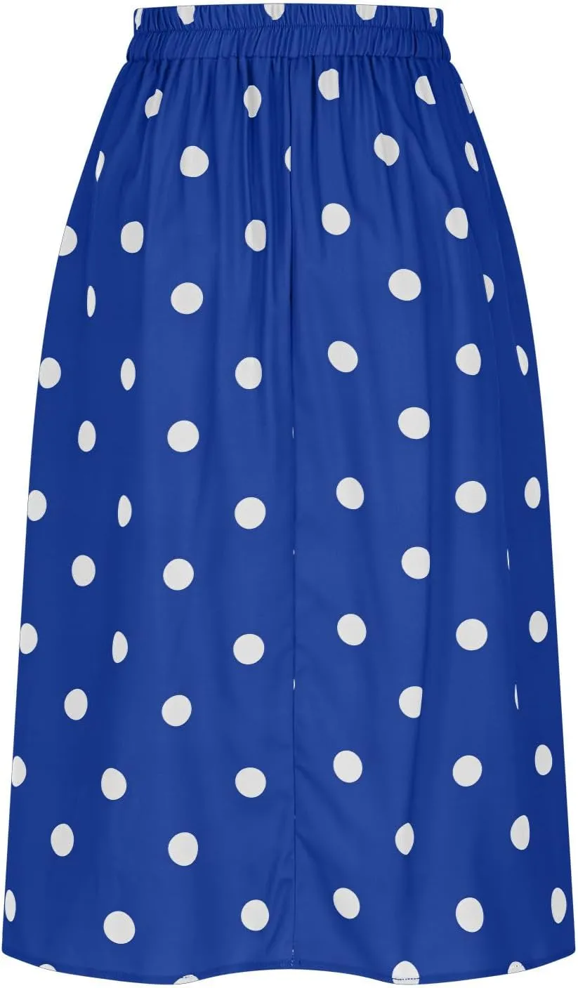 Women High Waist Pleated Midi Skirt 50s Vintage Polka Dot Print A-Line Swing Skirt Business Casual Prom Work Skirts