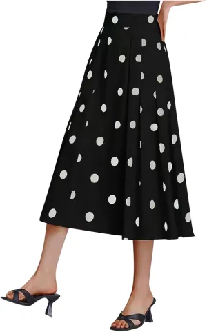 Women High Waist Pleated Midi Skirt 50s Vintage Polka Dot Print A-Line Swing Skirt Business Casual Prom Work Skirts