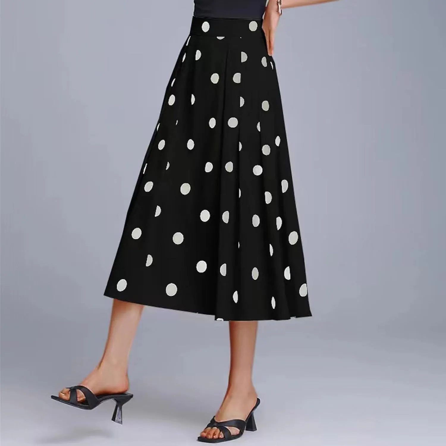 Women High Waist Pleated Midi Skirt 50s Vintage Polka Dot Print A-Line Swing Skirt Business Casual Prom Work Skirts
