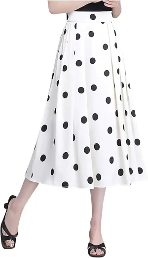 Women High Waist Pleated Midi Skirt 50s Vintage Polka Dot Print A-Line Swing Skirt Business Casual Prom Work Skirts