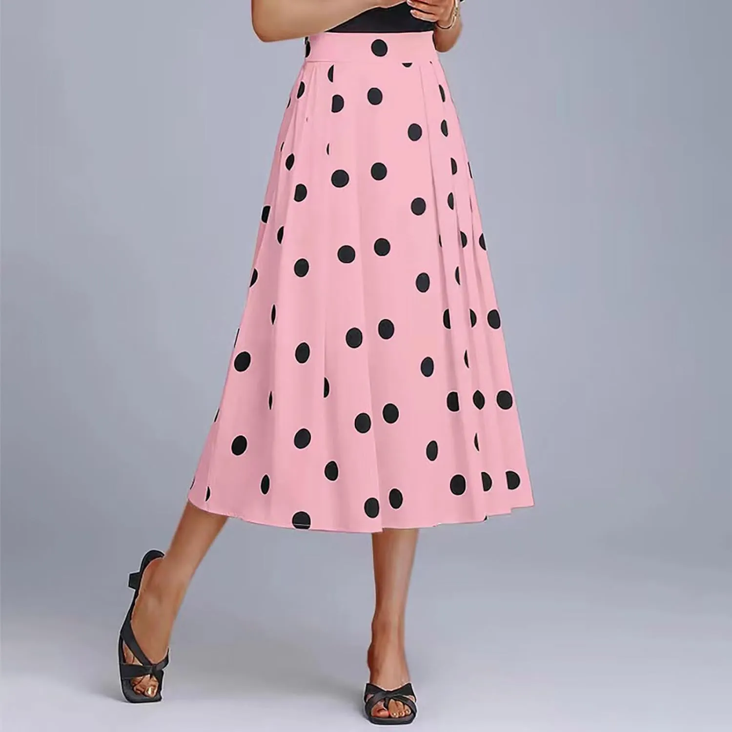 Women High Waist Pleated Midi Skirt 50s Vintage Polka Dot Print A-Line Swing Skirt Business Casual Prom Work Skirts