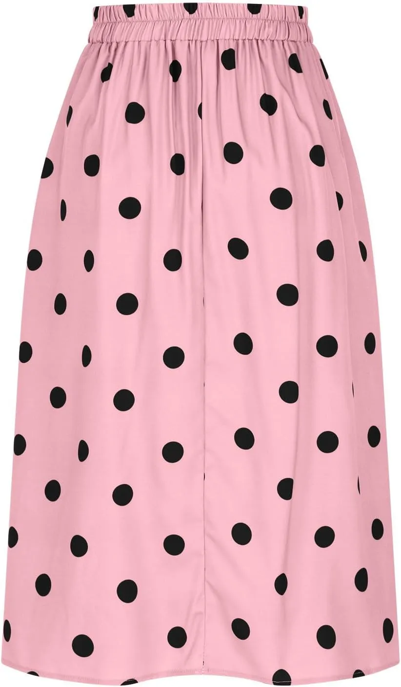 Women High Waist Pleated Midi Skirt 50s Vintage Polka Dot Print A-Line Swing Skirt Business Casual Prom Work Skirts