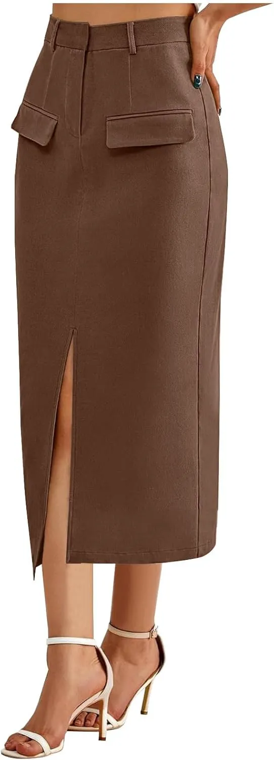 Women High Waisted Cargo Midi Skirt Y2k Summer Vintage Pencil Slit Long Skirts Dressy Casual Business Work Skirts