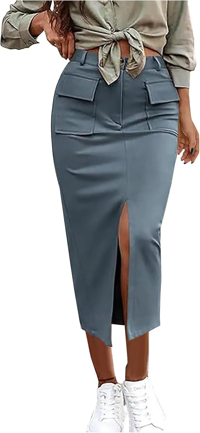 Women High Waisted Cargo Midi Skirt Y2k Summer Vintage Pencil Slit Long Skirts Dressy Casual Business Work Skirts