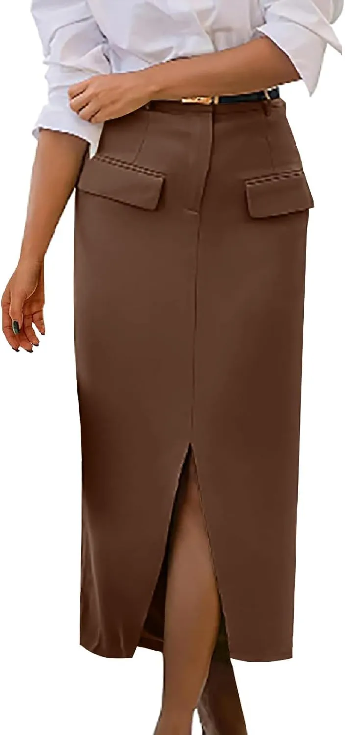Women High Waisted Cargo Midi Skirt Y2k Summer Vintage Pencil Slit Long Skirts Dressy Casual Business Work Skirts