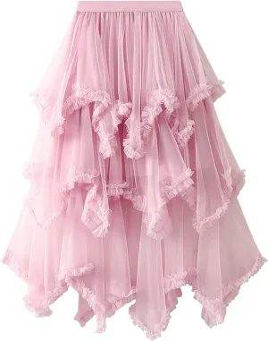 Women High Waisted Midi Skirt Multi-Layer A-Line Pleated Knee Length Skirt Flowy Cute Mesh Irregular Hem Work Skirts