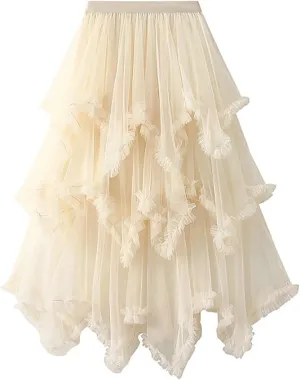 Women High Waisted Midi Skirt Multi-Layer A-Line Pleated Knee Length Skirt Flowy Cute Mesh Irregular Hem Work Skirts