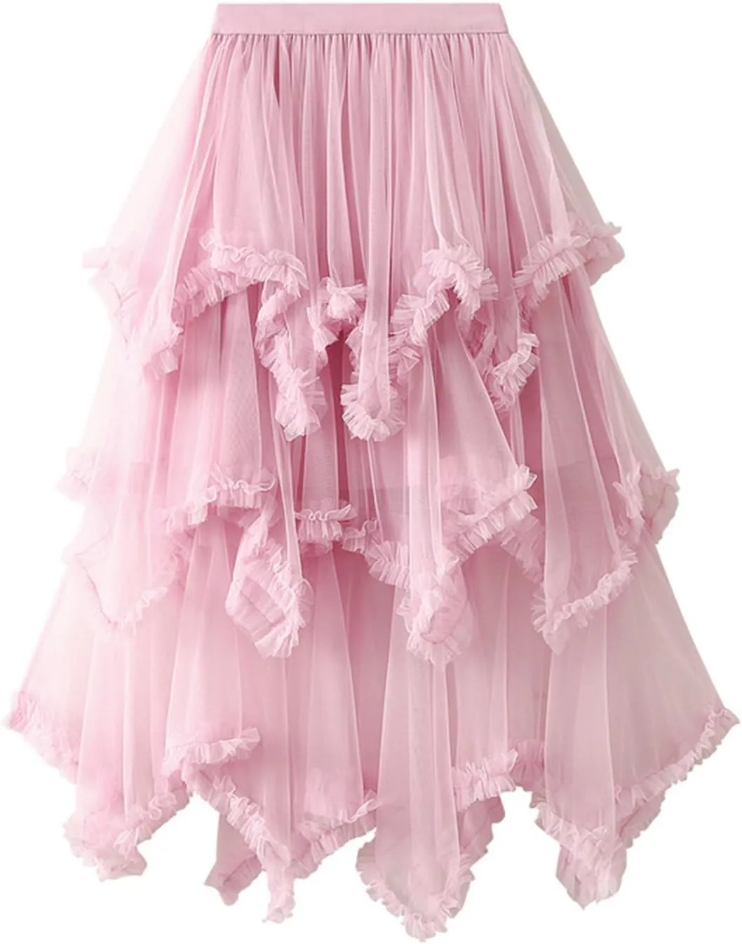 Women High Waisted Midi Skirt Multi-Layer A-Line Pleated Knee Length Skirt Flowy Cute Mesh Irregular Hem Work Skirts