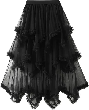 Women High Waisted Midi Skirt Multi-Layer A-Line Pleated Knee Length Skirt Flowy Cute Mesh Irregular Hem Work Skirts