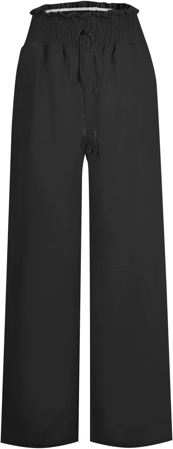 Women Linen Blend Summer Comfy Pant Trousers Elastic Waisted Wide Leg Slim Fit Palazzo Pants Vacation