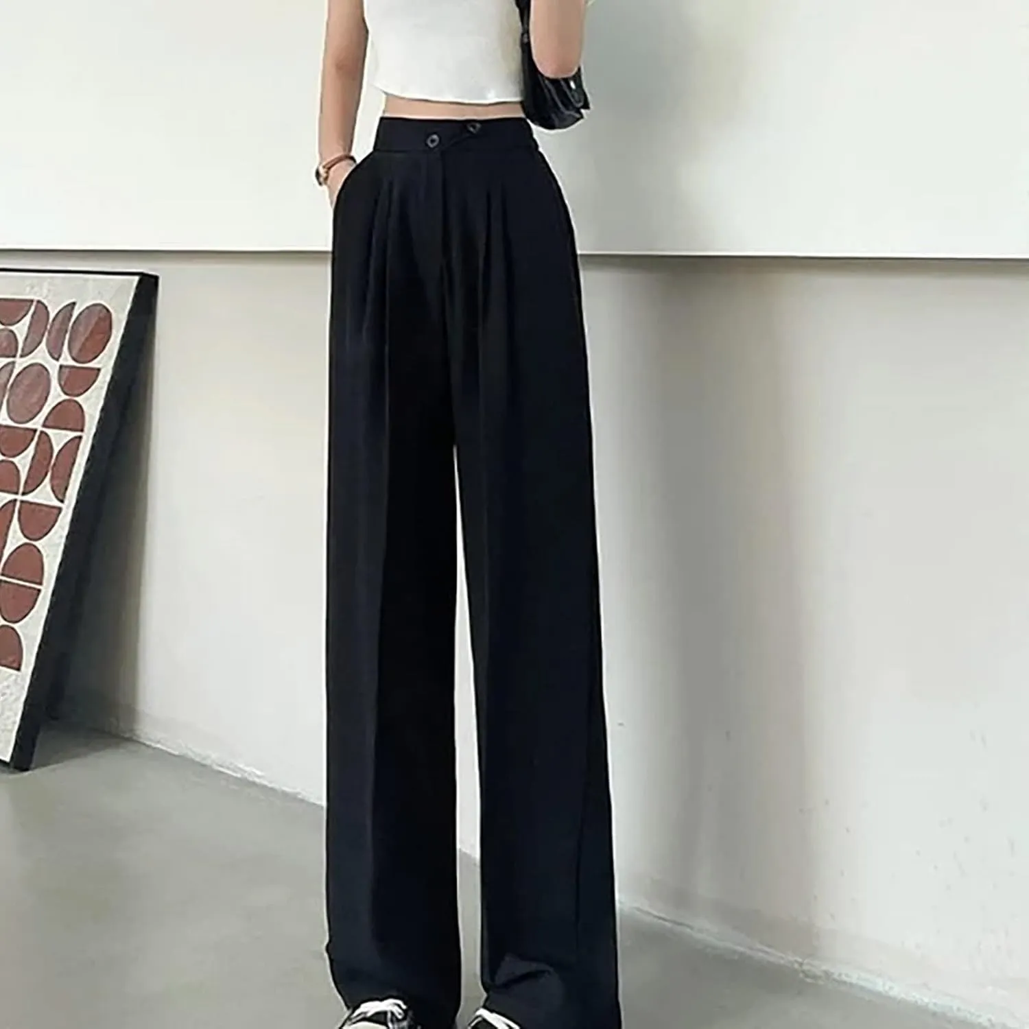 Women Linen Blend Summer Printed Pant Trousers Elastic Waist Lounge Pants Slim-Fit Palazzo Lounge Pants Beach
