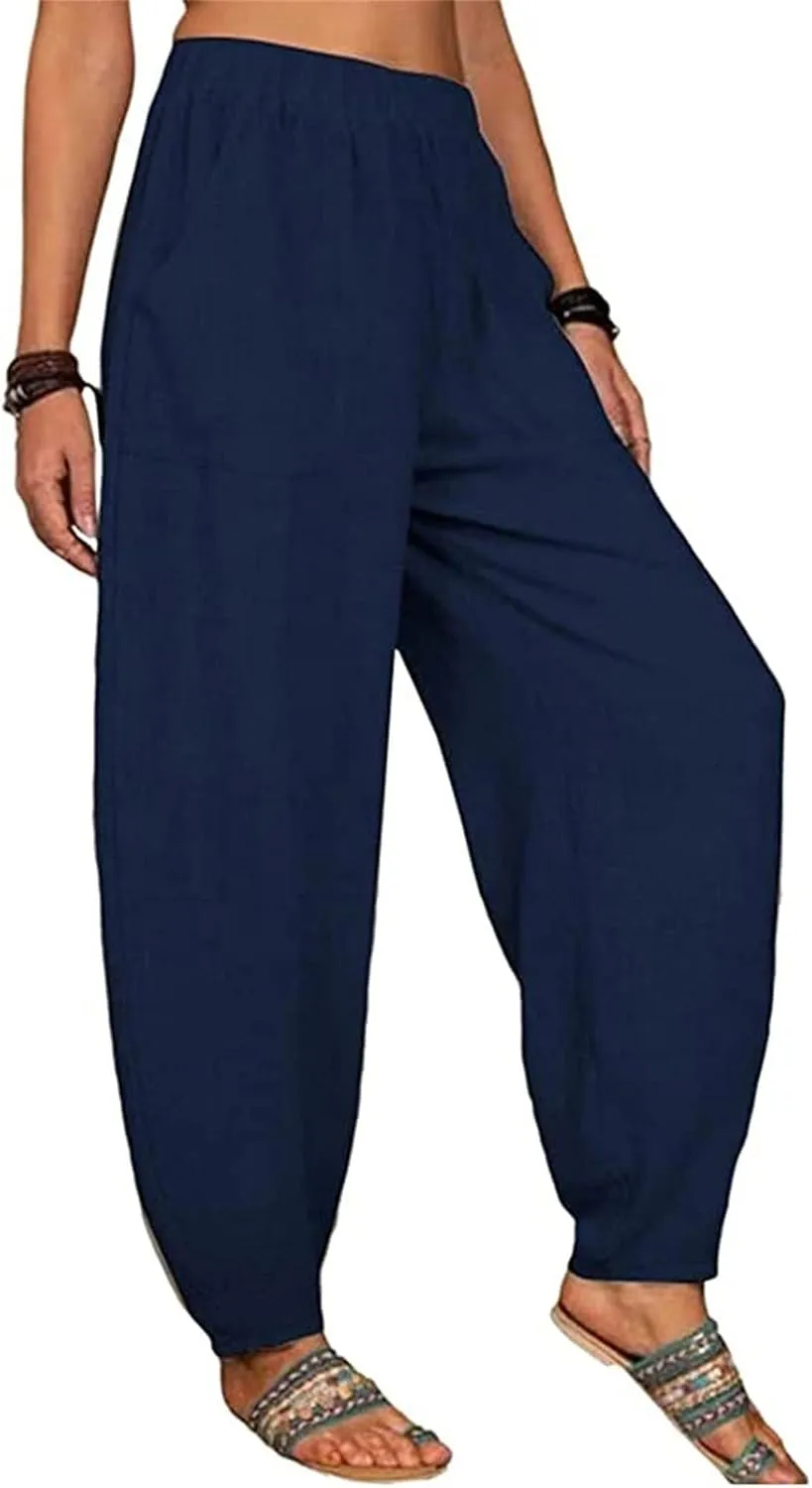 Women Linen Summer Baggy Pant Trousers Low Waist Stretchy Straight Loose Fit Pant Trousers Beach
