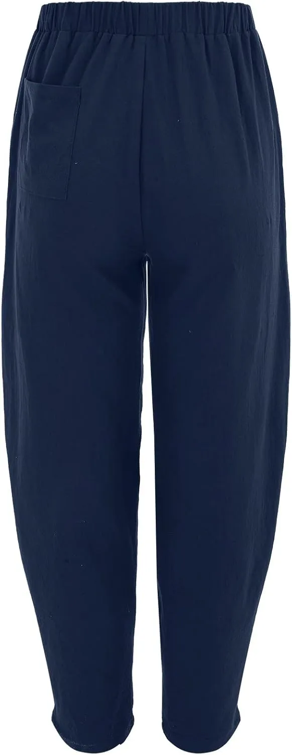 Women Linen Summer Baggy Pant Trousers Low Waist Stretchy Straight Loose Fit Pant Trousers Beach