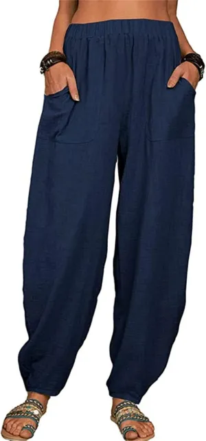 Women Linen Summer Baggy Pant Trousers Low Waist Stretchy Straight Loose Fit Pant Trousers Beach