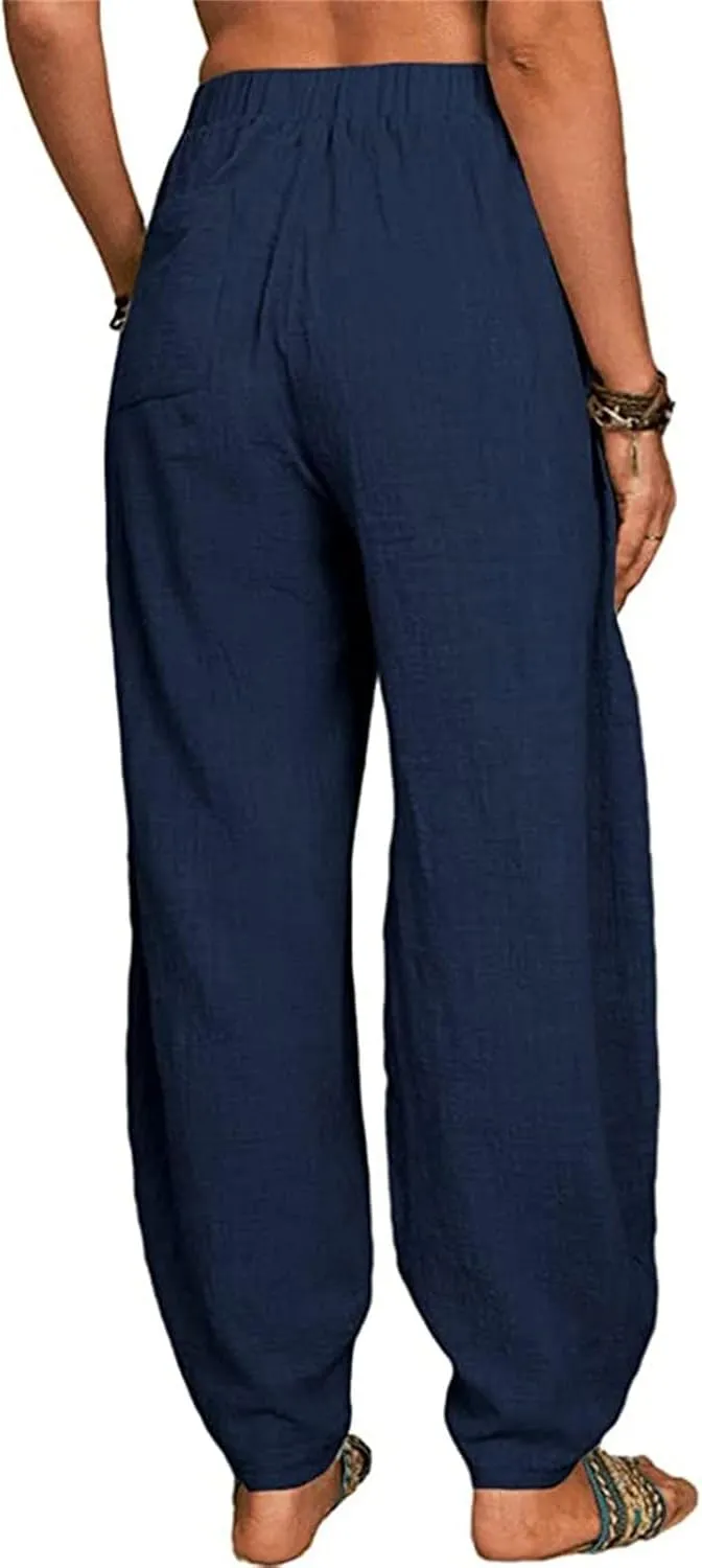 Women Linen Summer Baggy Pant Trousers Low Waist Stretchy Straight Loose Fit Pant Trousers Beach