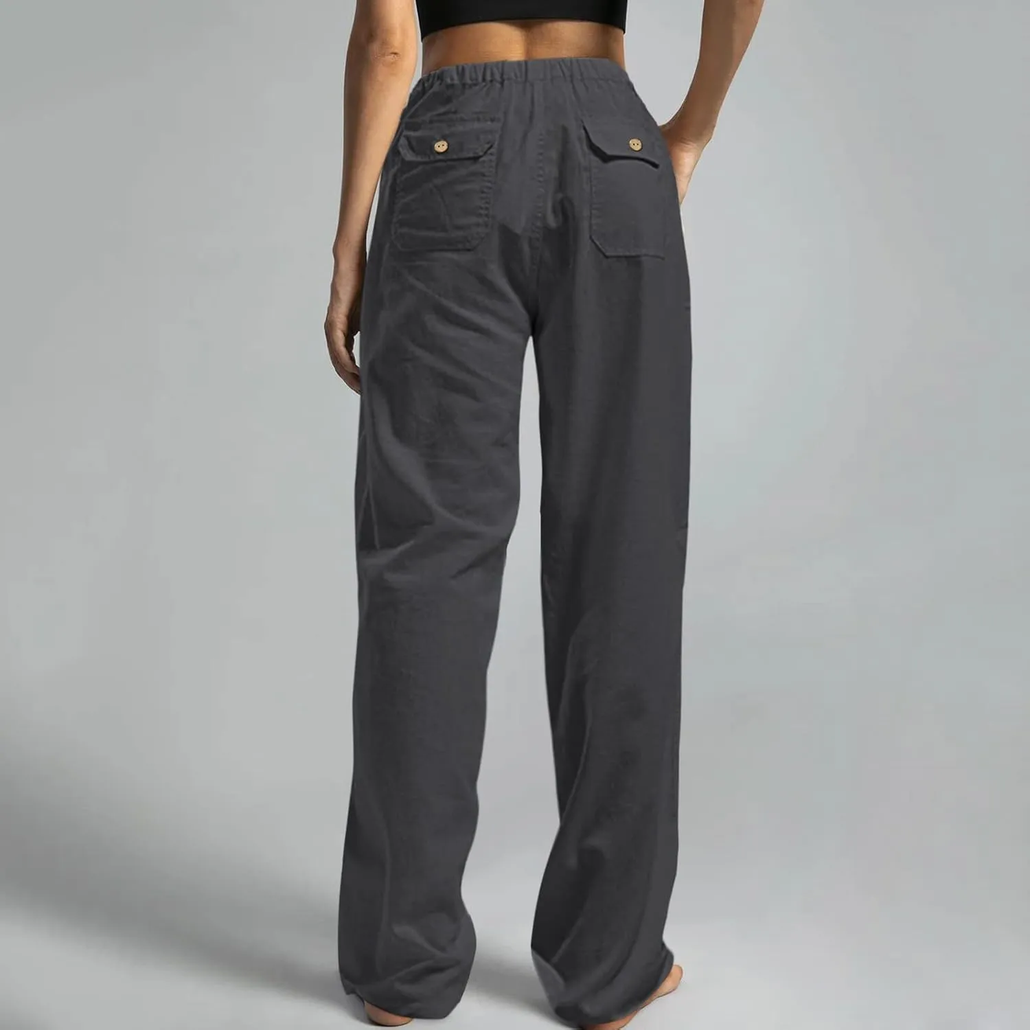 Women Linen Summer Comfy Palazzo Pants High Waist Wide Leg Slim-Fit Trousers Travel