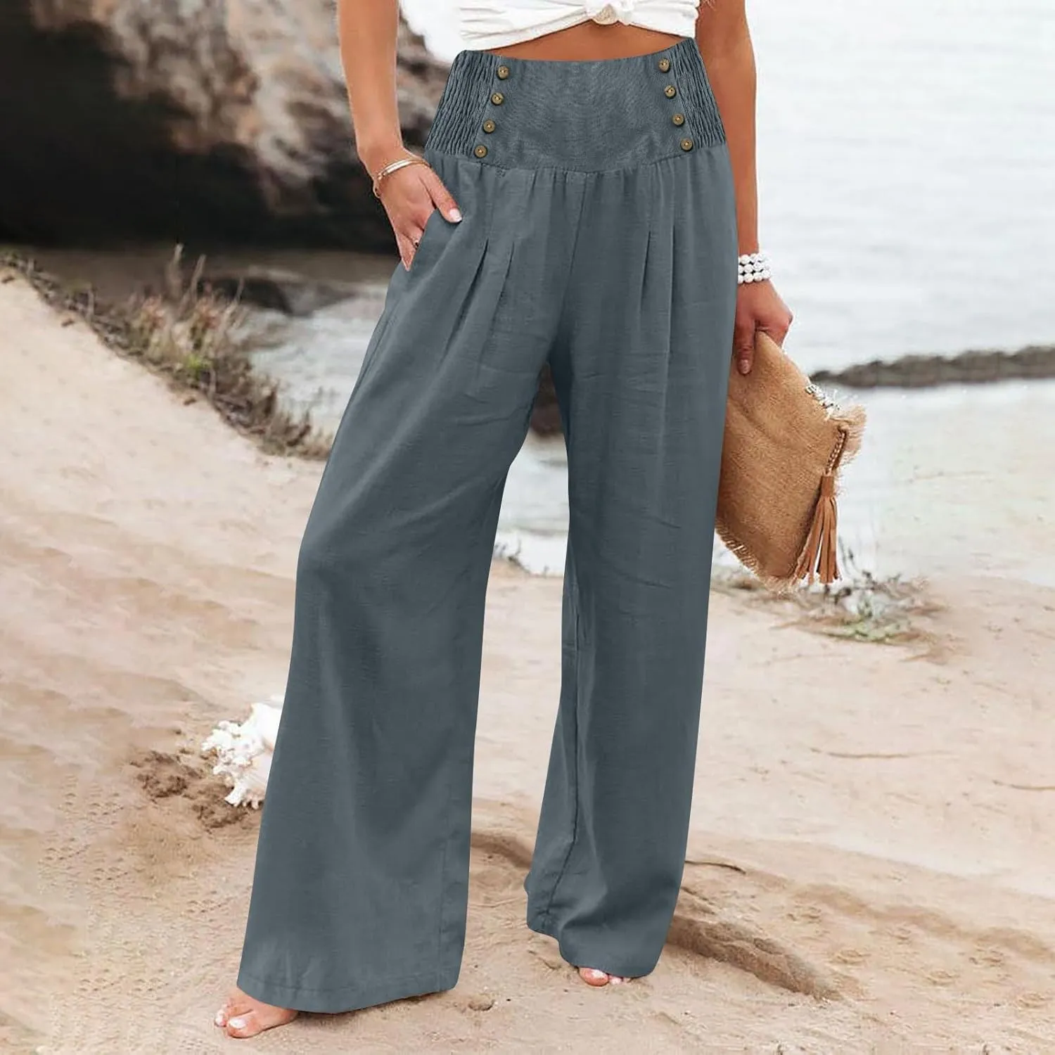 Women Linen Summer Pull On Pant Trousers Elastic Waisted Long Lounge Loose Fit Palazzo Lounge Pants Travel