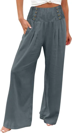 Women Linen Summer Pull On Pant Trousers Elastic Waisted Long Lounge Loose Fit Palazzo Lounge Pants Travel