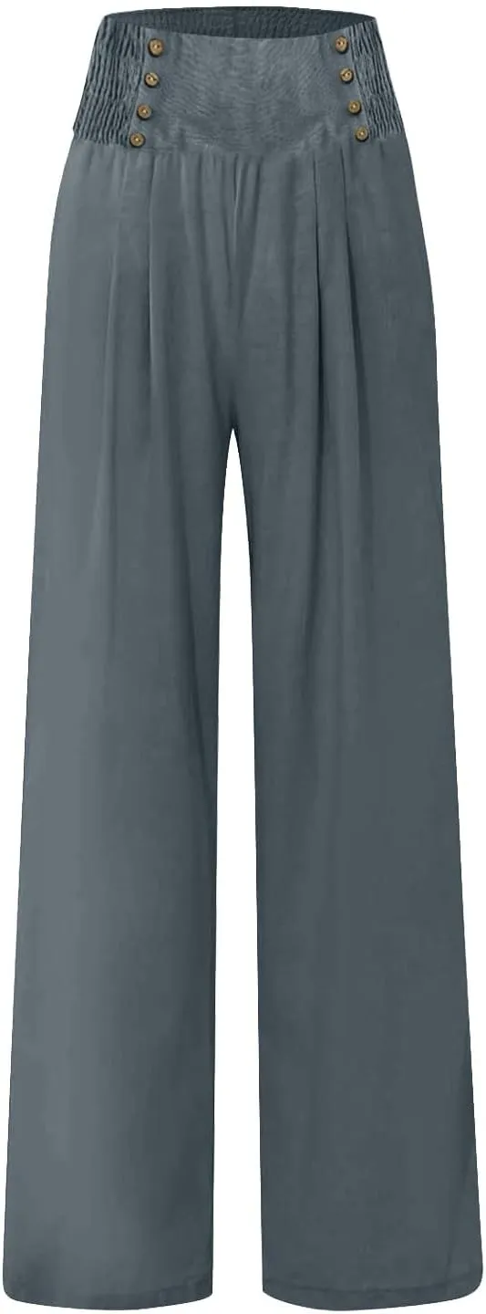 Women Linen Summer Pull On Pant Trousers Elastic Waisted Long Lounge Loose Fit Palazzo Lounge Pants Travel